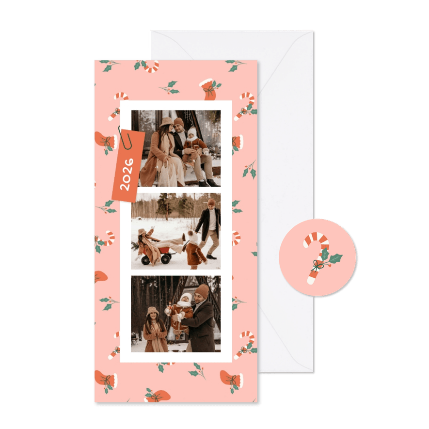 Vrolijke hippe roze kerstkaartjes met fotocollage en patroon - Kaartimpressie