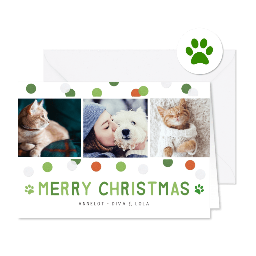 Vrolijke huisdieren kerst foto collagekaart met confetti - Kaartimpressie