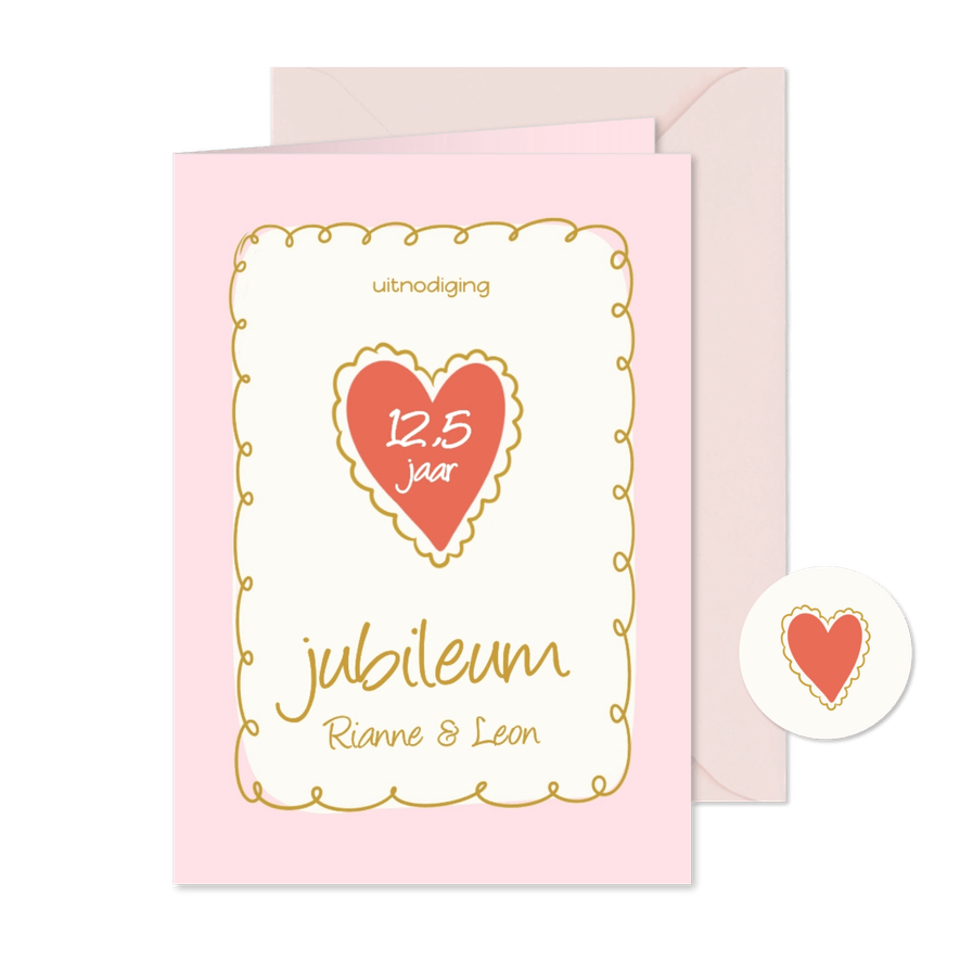 Vrolijke jubileumkaart met roze kader en hartje met getal - Kaartimpressie