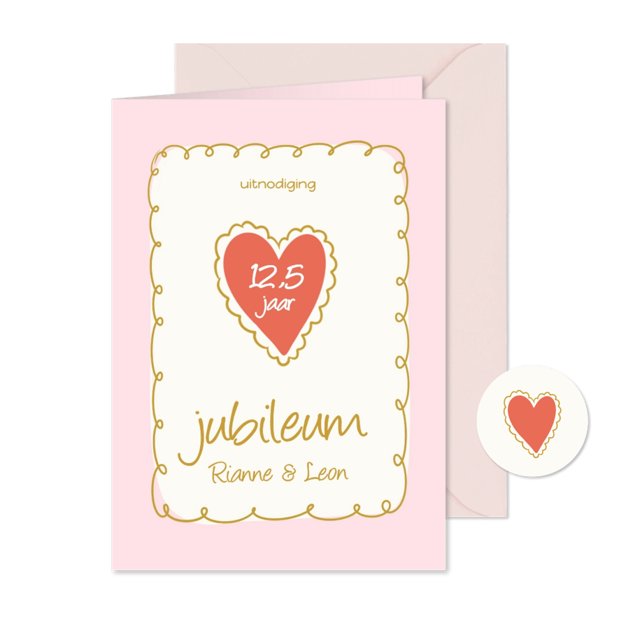 Vrolijke jubileumkaart met roze kader en hartje met getal - Kaartimpressie