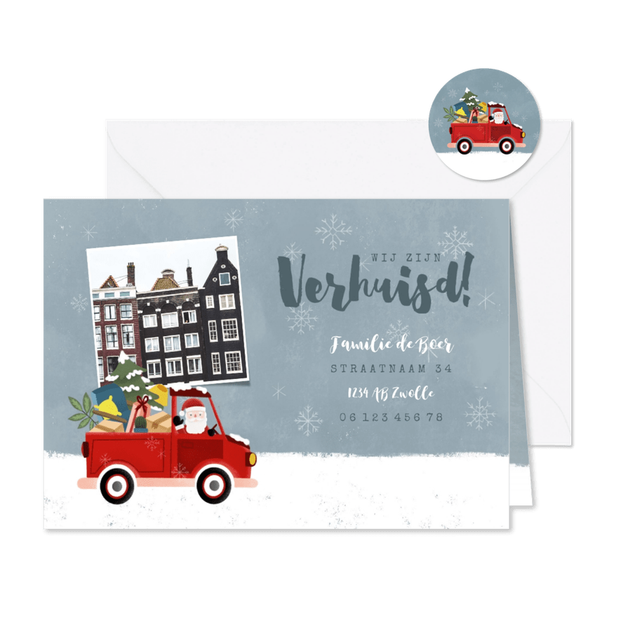 Vrolijke kerst-verhuiskaart kerstman in pickup en foto - Kaartimpressie