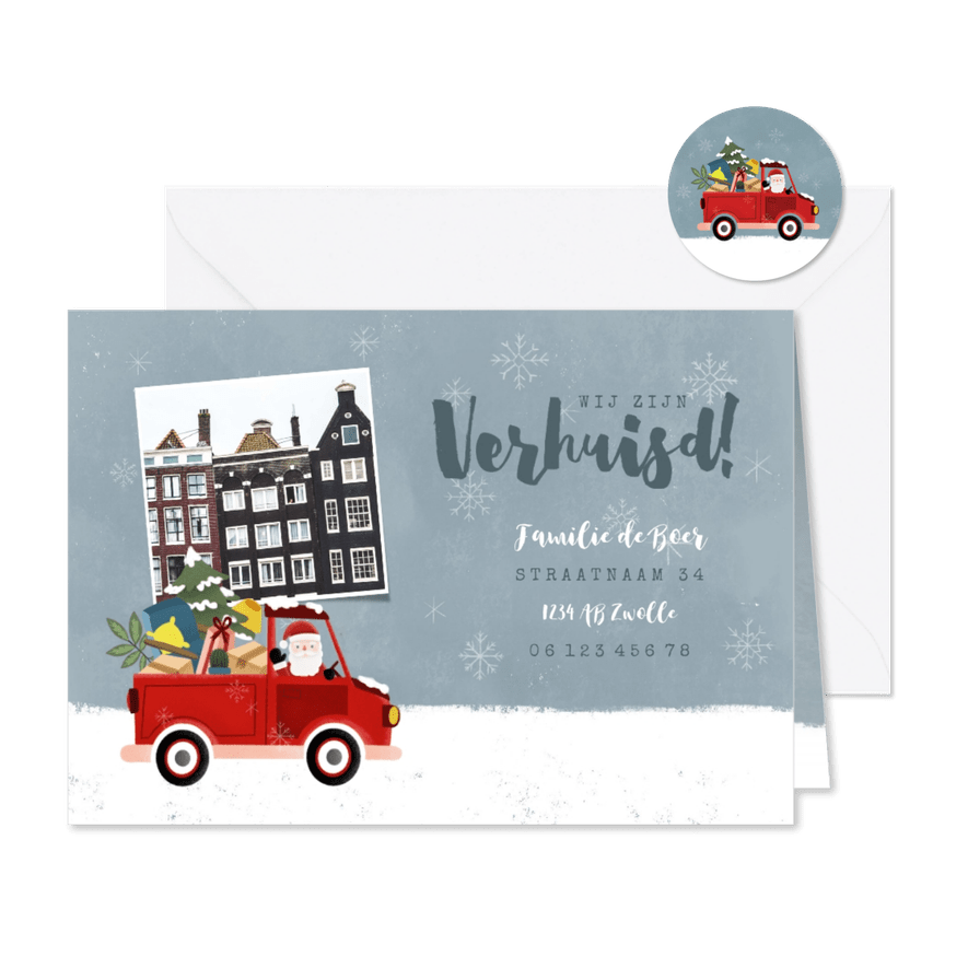 Vrolijke kerst-verhuiskaart kerstman in pickup en foto - Kaartimpressie