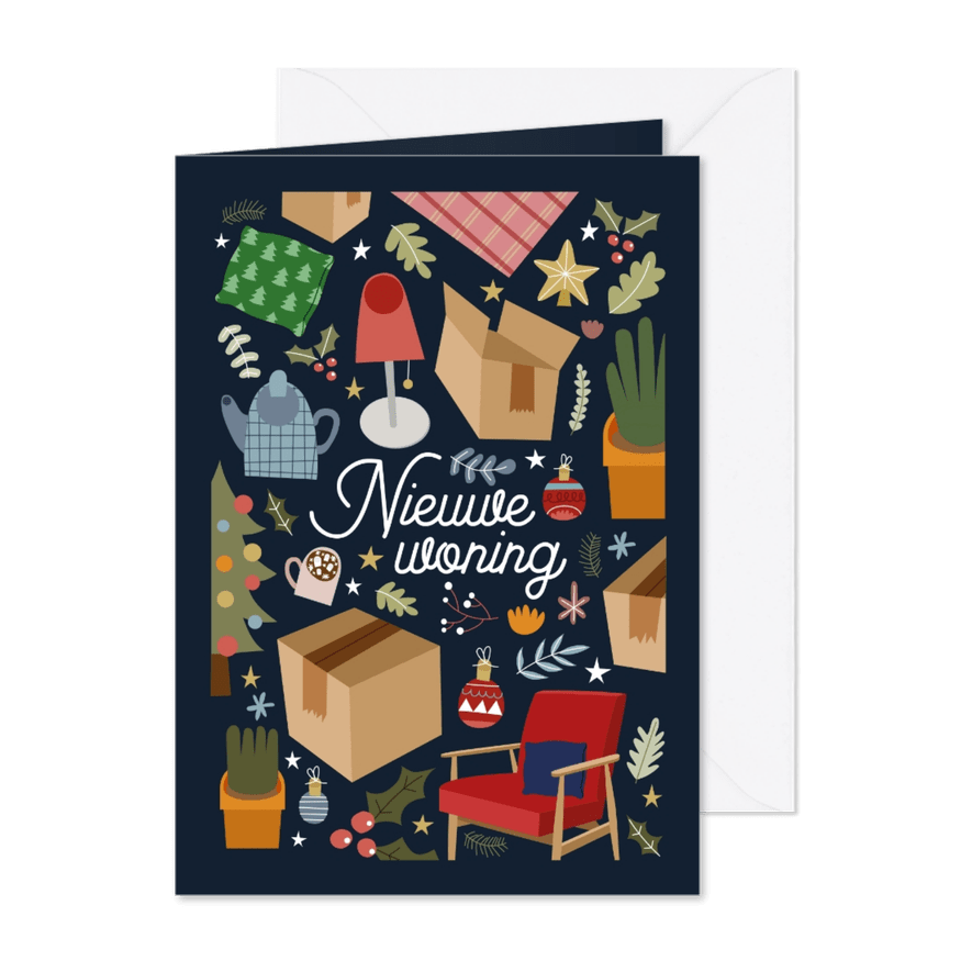 Vrolijke kerst-verhuiskaart met illustraties - Kaartimpressie