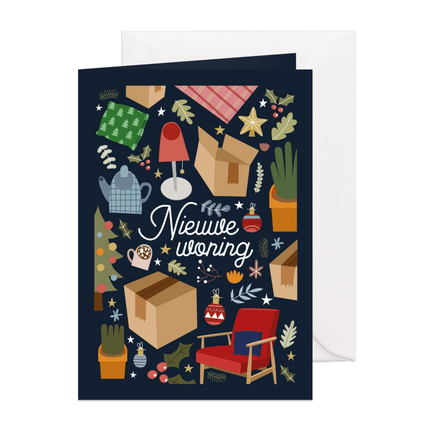 Vrolijke kerst-verhuiskaart met illustraties - Kaartimpressie