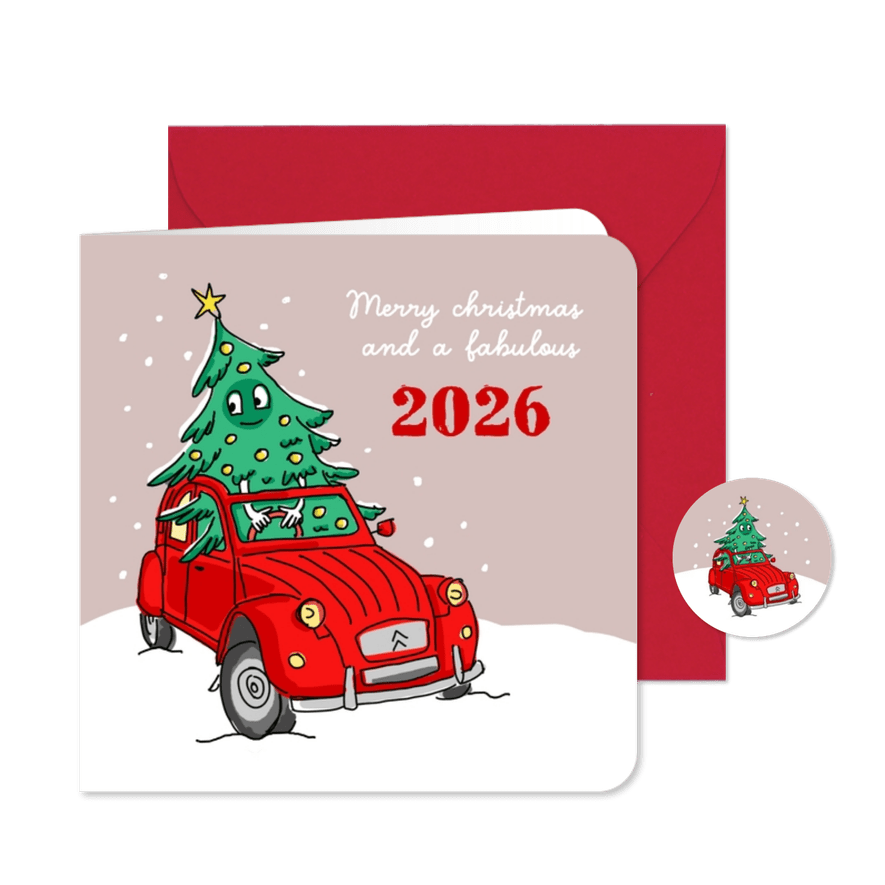 Vrolijke kerstboom in oldtimer eend - Kaartimpressie