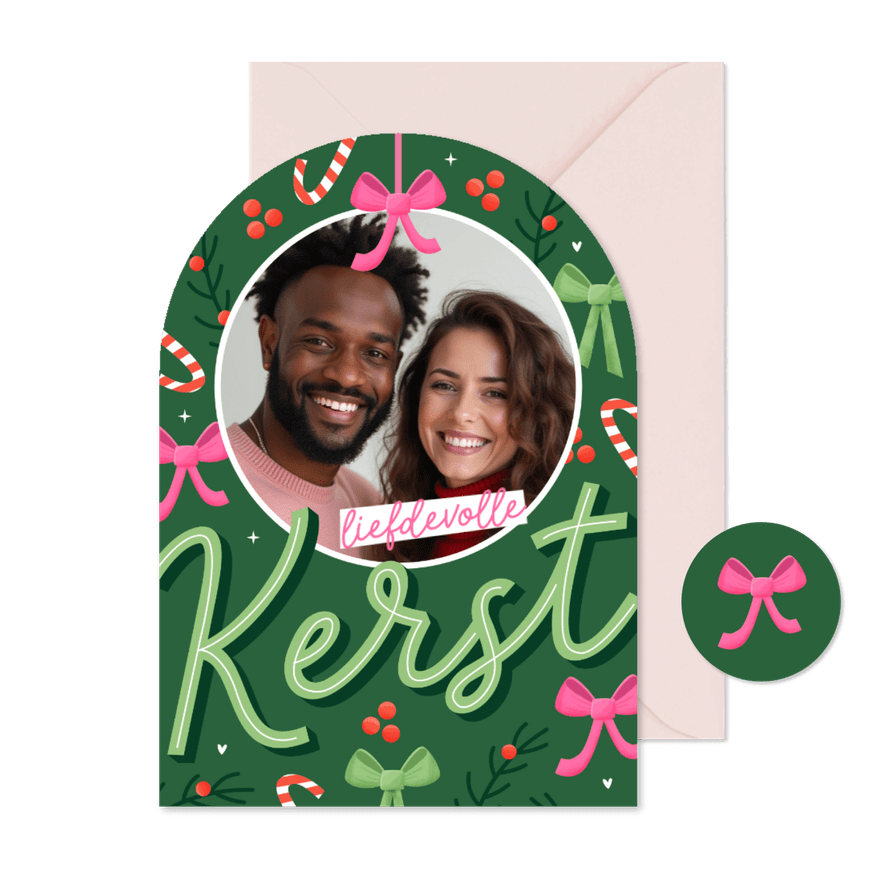 Vrolijke kerstkaart boogvorm met foto en typografie - Kaartimpressie