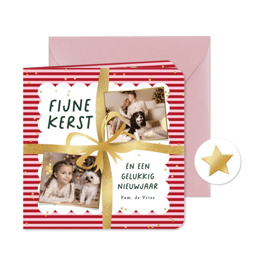 Vrolijke kerstkaart cadeau strik goud streep foto - Kaartimpressie