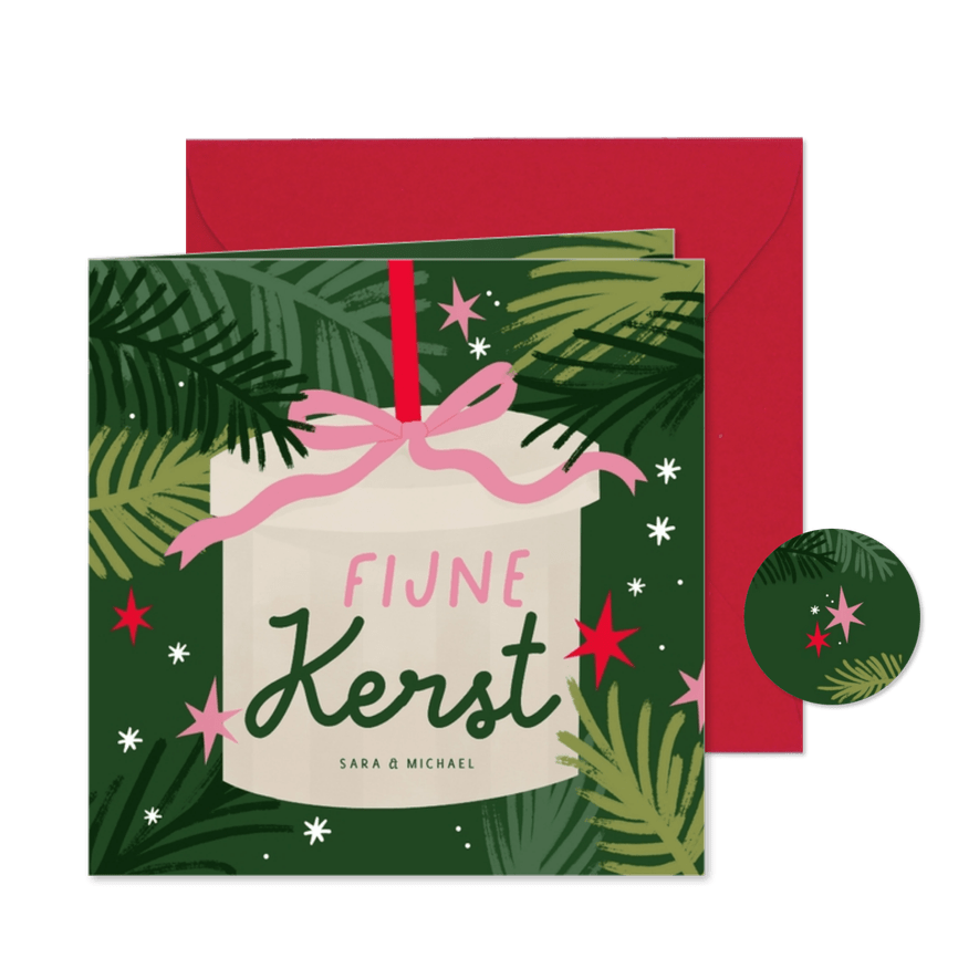 Vrolijke kerstkaart cadeau strik sterren roze groen - Kaartimpressie