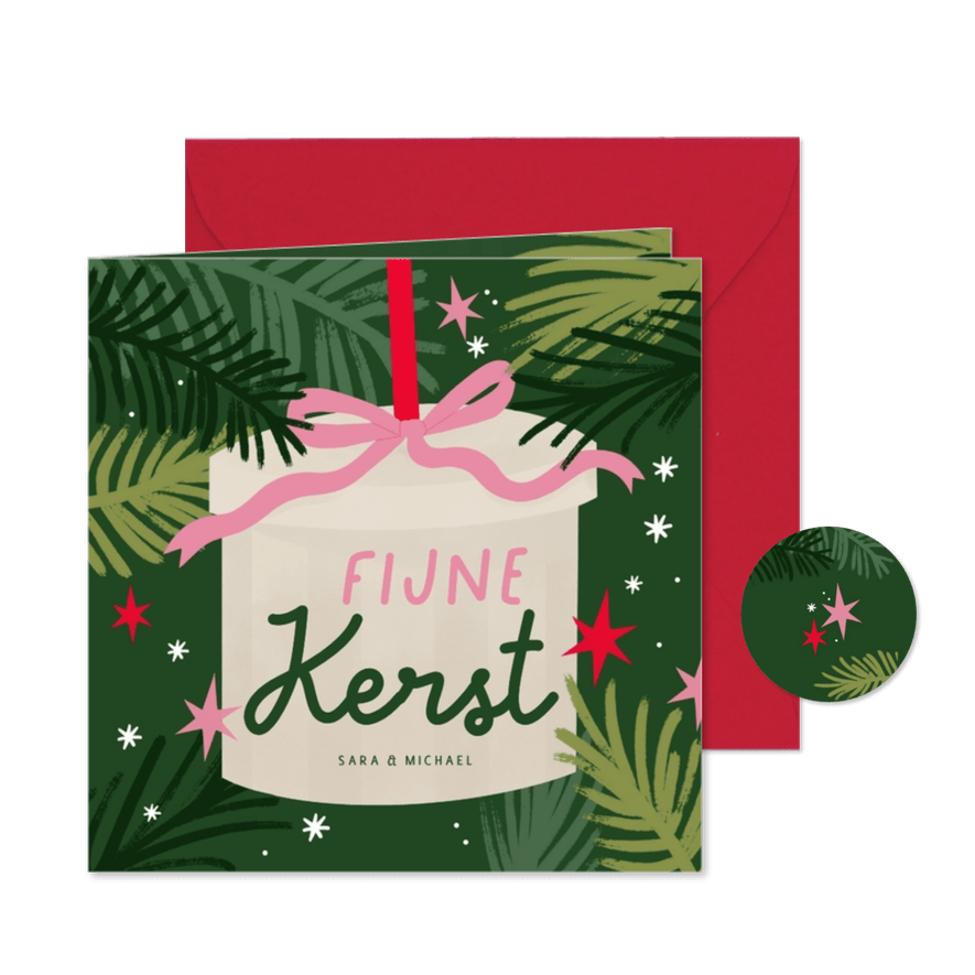 Vrolijke kerstkaart cadeau strik sterren roze groen - Kaartimpressie
