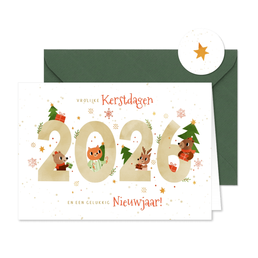 Vrolijke kerstkaart dieren met cadeautjes 2026 wit - Kaartimpressie