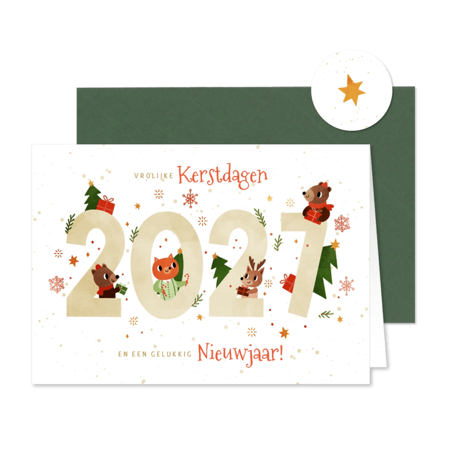 Vrolijke kerstkaart dieren met cadeautjes 2027 wit - Kaartimpressie