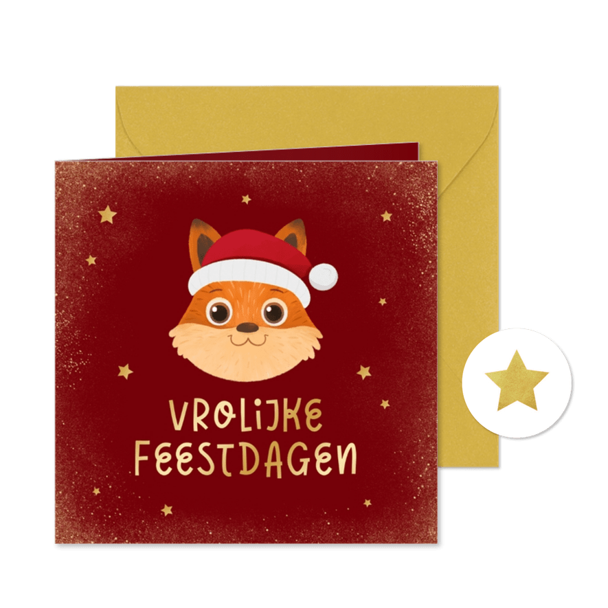 Vrolijke kerstkaart dieren vos kerstmuts sterren goud - Kaartimpressie