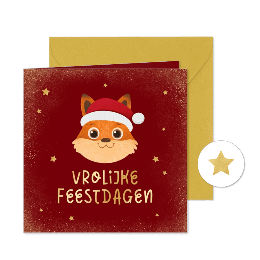 Vrolijke kerstkaart dieren vos kerstmuts sterren goud - Kaartimpressie