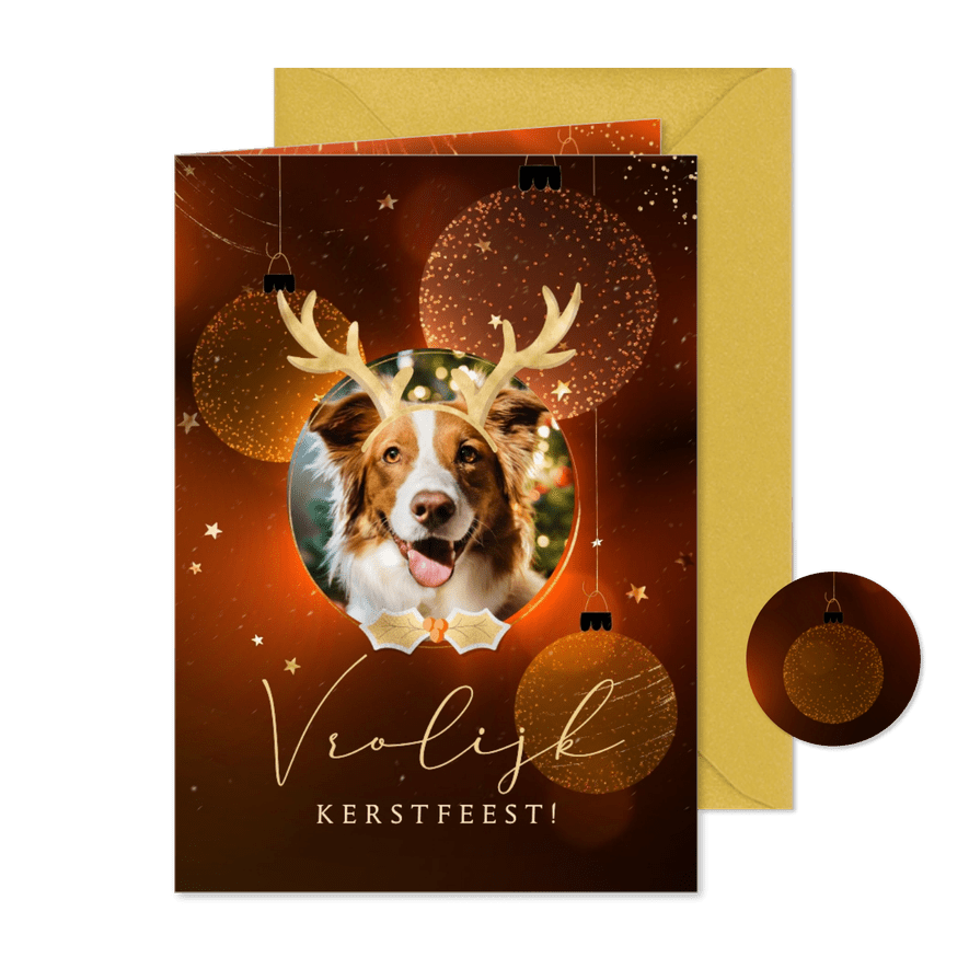 Vrolijke kerstkaart eigen foto met goudlook rendiergewei - Kaartimpressie
