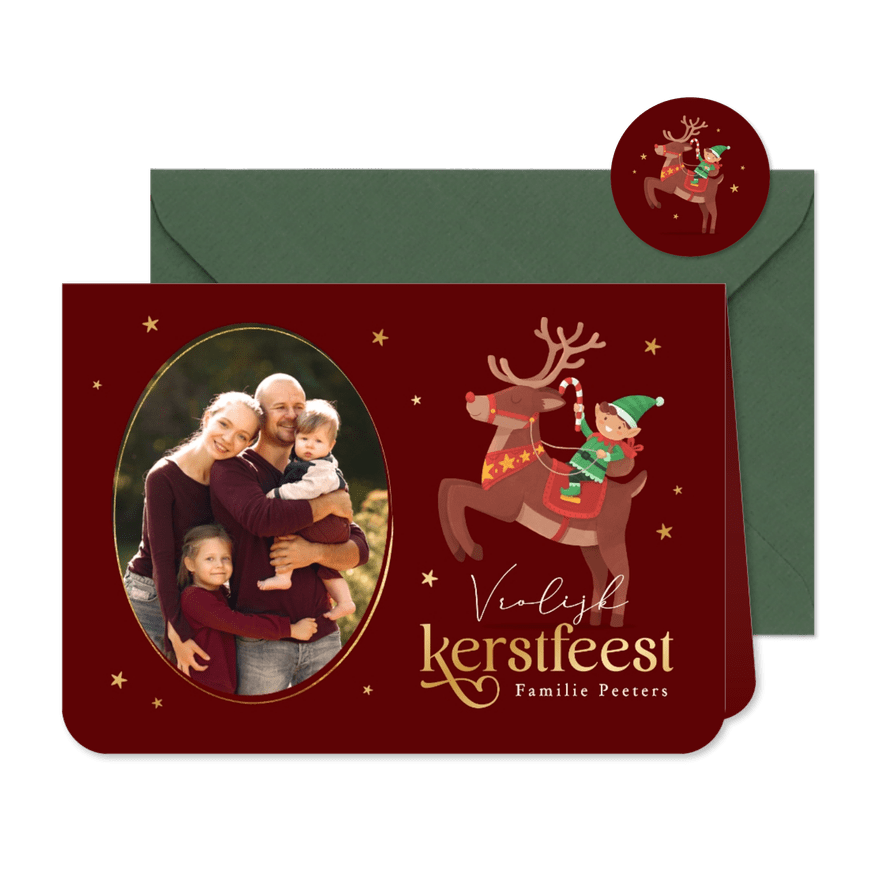 Vrolijke kerstkaart elfjes rendier foto sterren feestdagen - Kaartimpressie