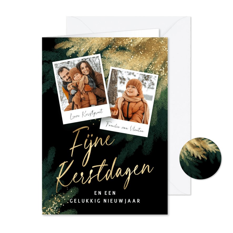 Vrolijke kerstkaart foto dennentakken goud groen - Kaartimpressie