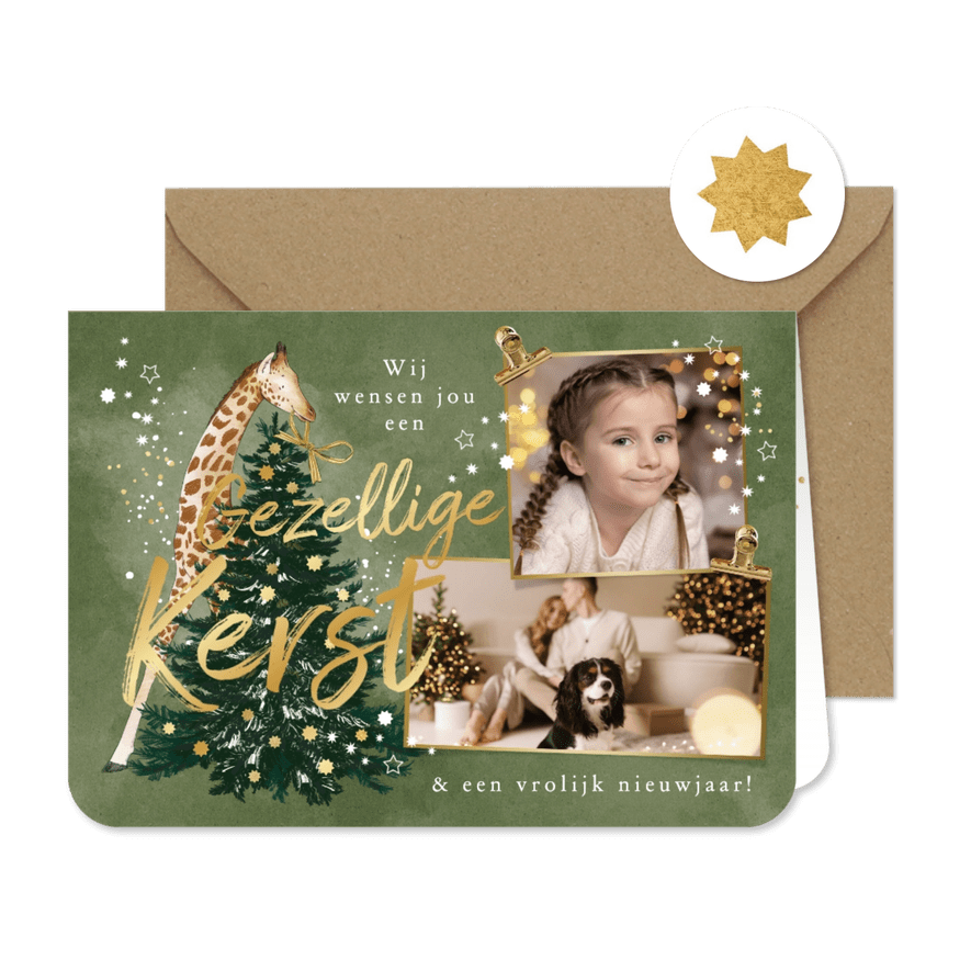 Vrolijke kerstkaart fotokaart giraf kerstboom sterren goud - Kaartimpressie