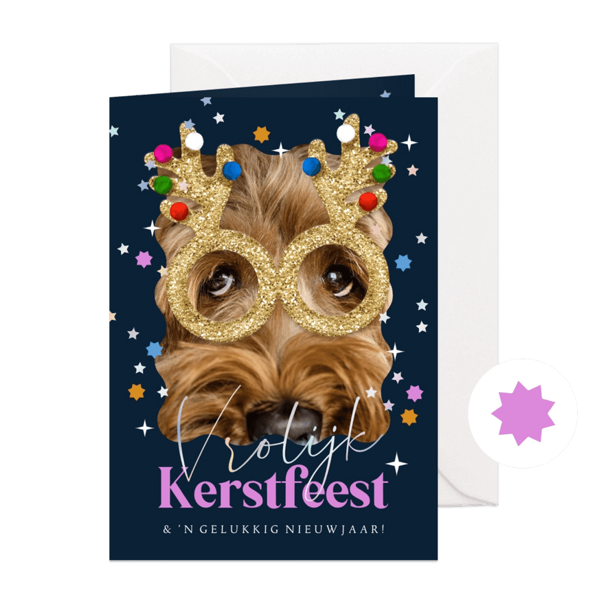 Vrolijke kerstkaart glitterbril sterren sterren foto hond - Kaartimpressie