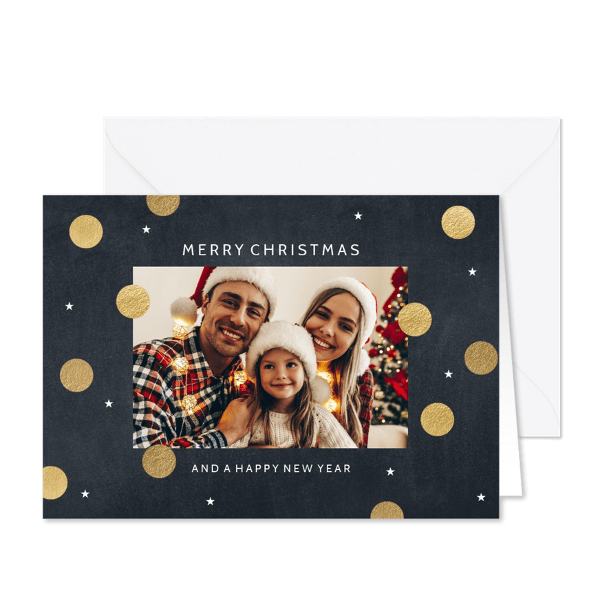Vrolijke kerstkaart gouden dots met sterretjes - Kaartimpressie