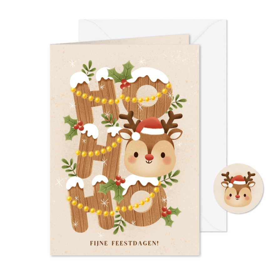 Vrolijke kerstkaart houten Ho Ho Ho met rendier en takjes - Kaartimpressie