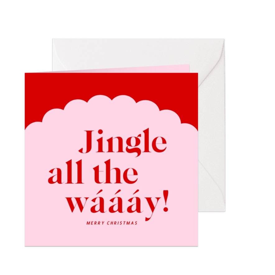 Vrolijke kerstkaart jingle all the way in roze en rood - Kaartimpressie