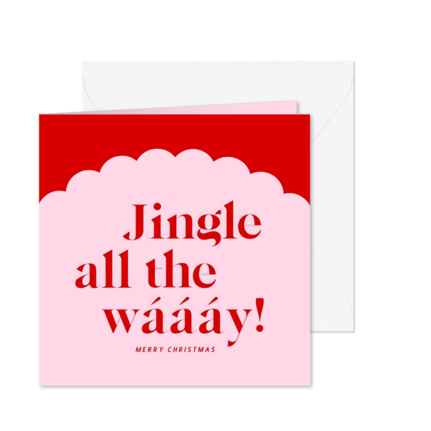 Vrolijke kerstkaart jingle all the way in roze en rood - Kaartimpressie