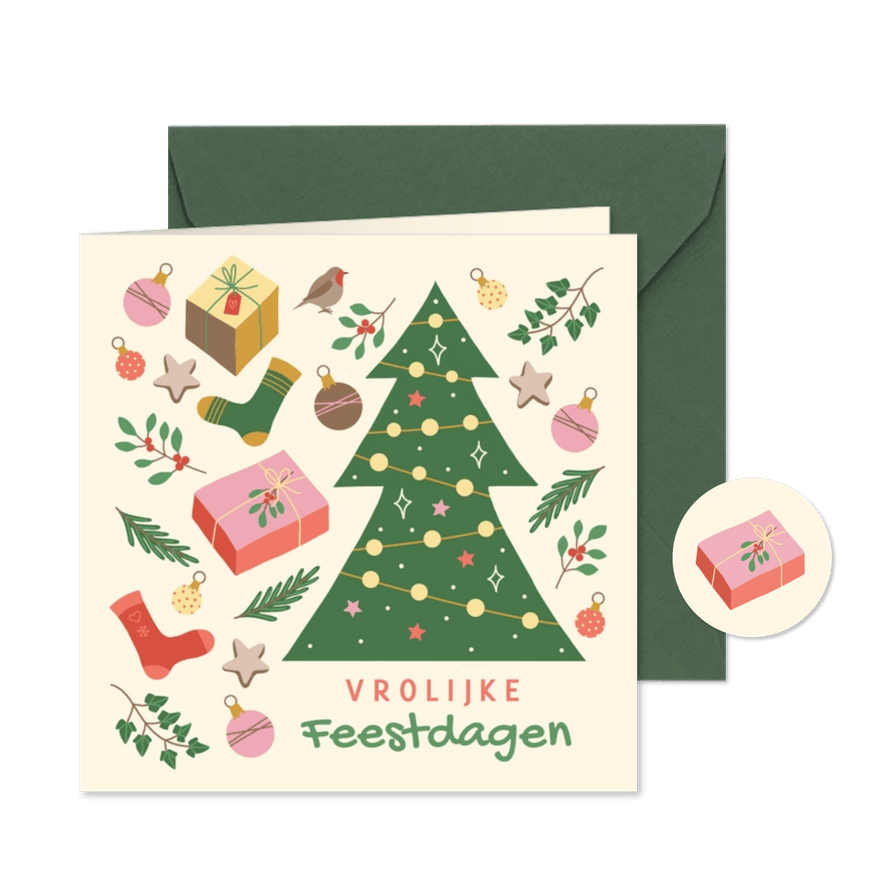 Vrolijke kerstkaart kerstboom kleurrijk - Kaartimpressie