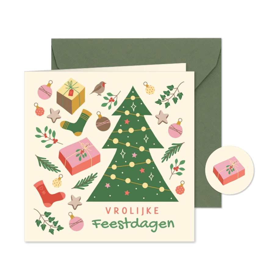 Vrolijke kerstkaart kerstboom kleurrijk - Kaartimpressie