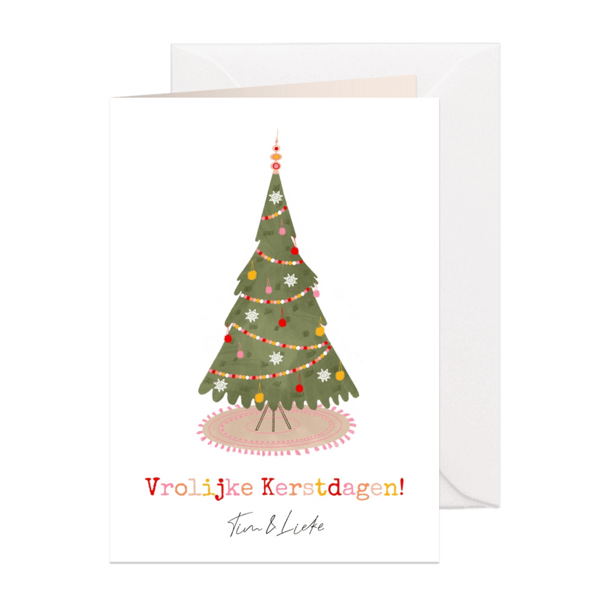 Vrolijke kerstkaart kerstboom pompoms piek illustratie - Kaartimpressie