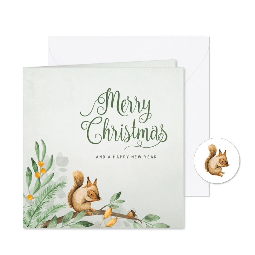 Vrolijke kerstkaart merry christmas met eekhoorn - Kaartimpressie