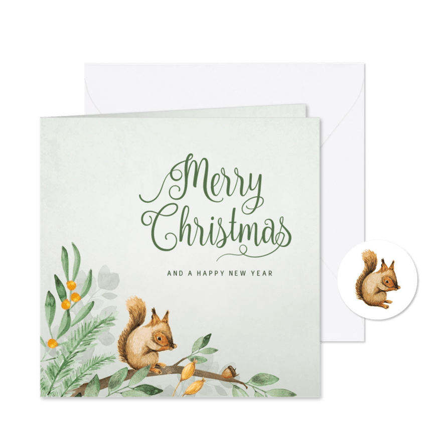 Vrolijke kerstkaart merry christmas met eekhoorn - Kaartimpressie