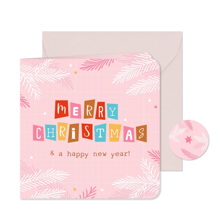 Vrolijke kerstkaart merry christmas roze en letters - Kaartimpressie