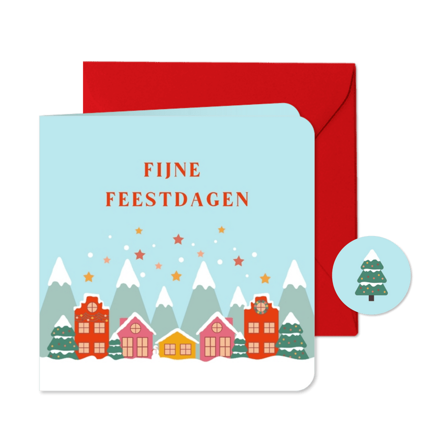 Vrolijke kerstkaart met dorp in winterlandschap - Kaartimpressie