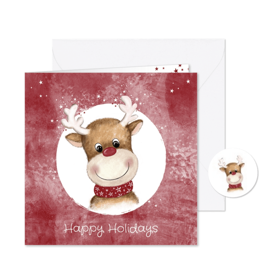 Vrolijke kerstkaart met een grappig rendier - Kaartimpressie