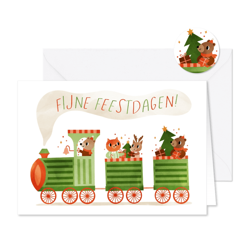 Vrolijke kerstkaart met een trein vol dierenvriendjes - Kaartimpressie
