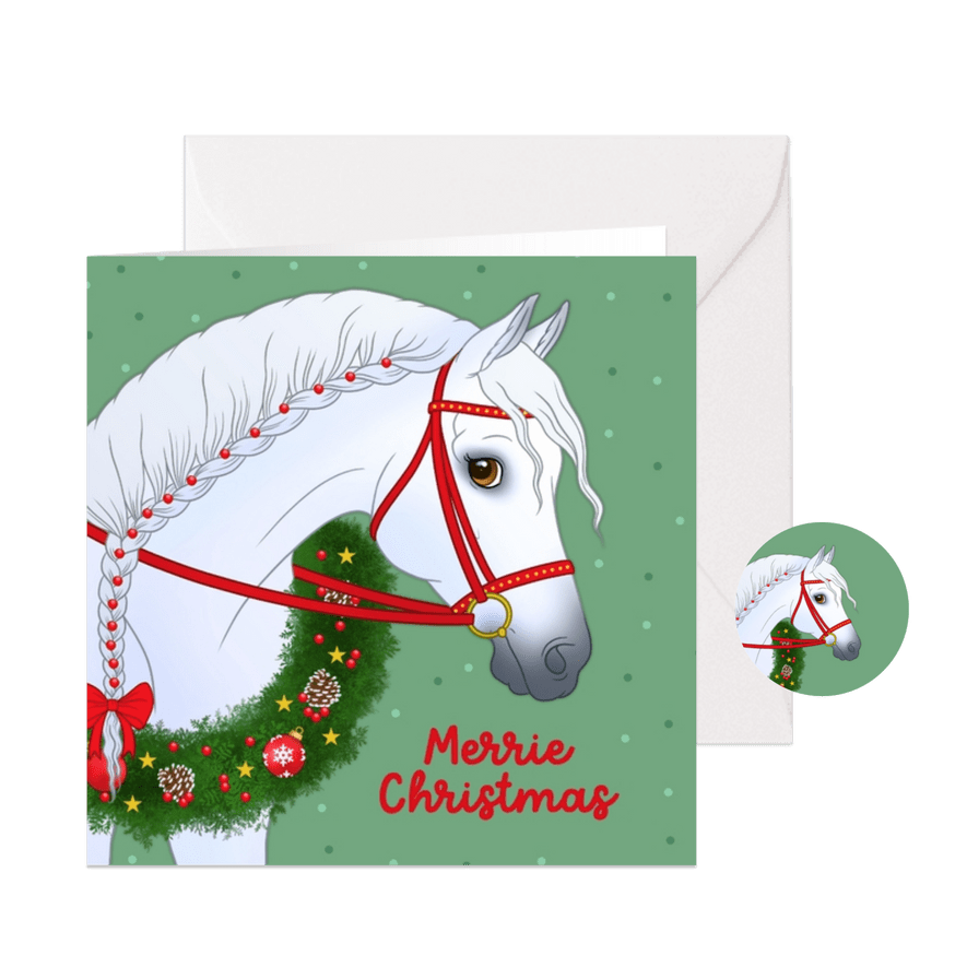 Vrolijke kerstkaart met een wit paard - Kaartimpressie