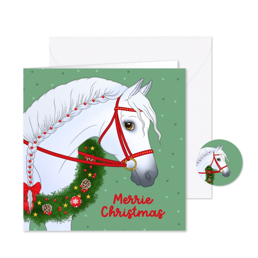 Vrolijke kerstkaart met een wit paard - Kaartimpressie