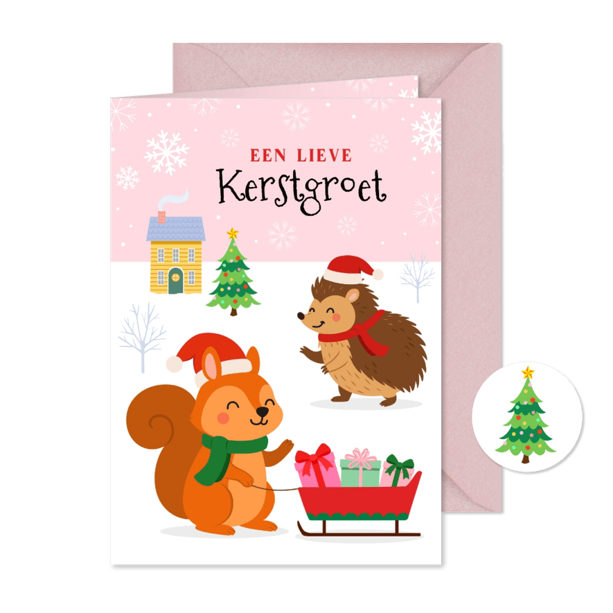 Vrolijke kerstkaart met egel en eekhoorn - Kaartimpressie