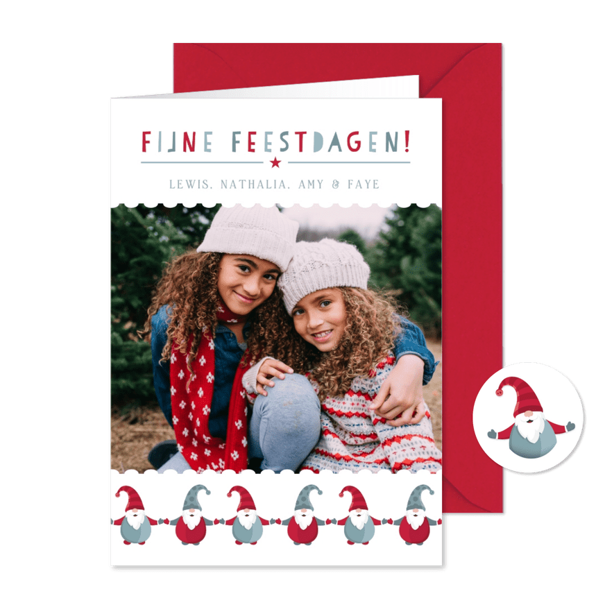 Vrolijke kerstkaart met eigen foto en kerstkabouters - Kaartimpressie
