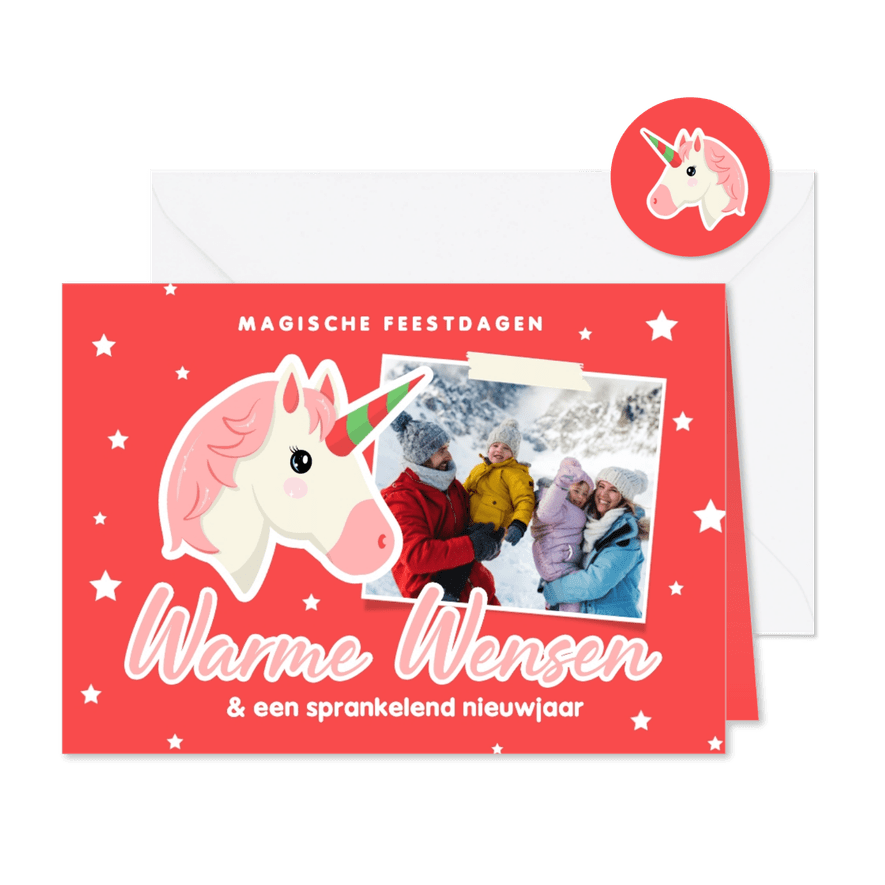 Vrolijke kerstkaart met emoji eenhoorn en foto - Kaartimpressie