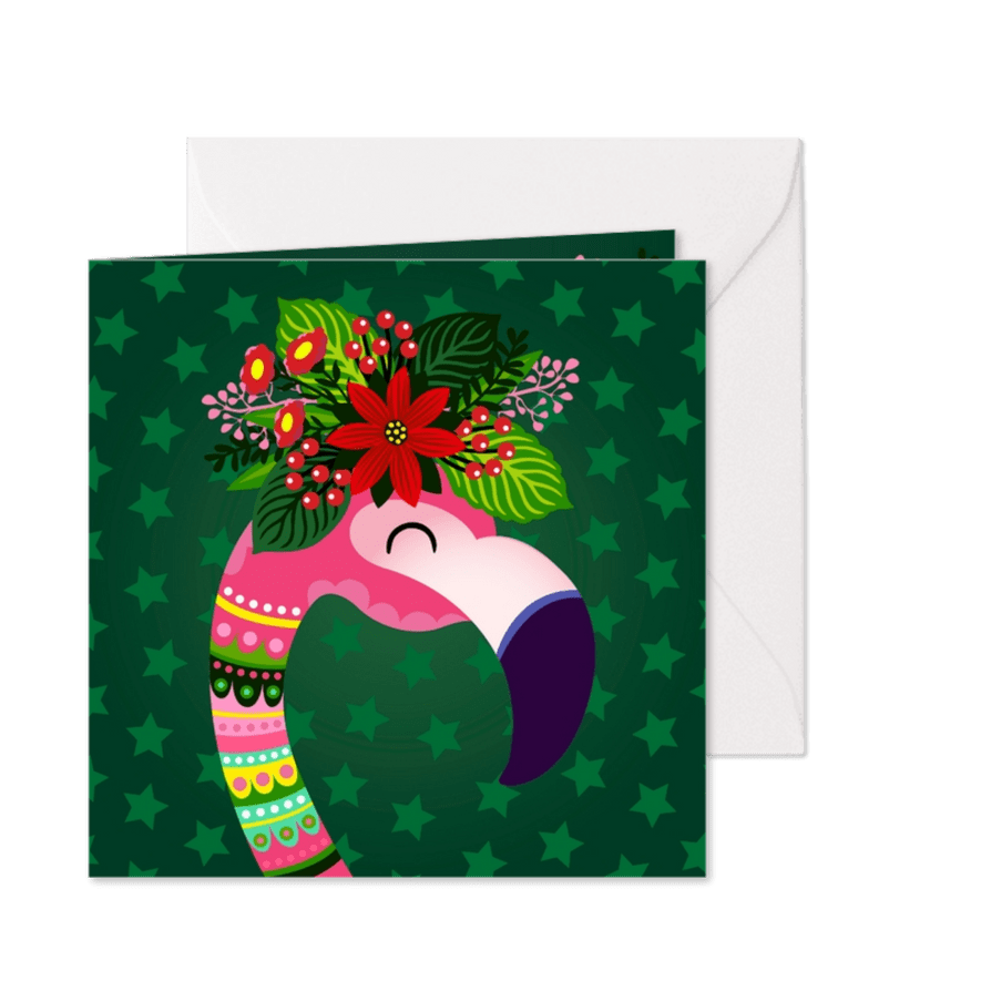 Vrolijke kerstkaart met flamingo, bloemen en planten - Kaartimpressie