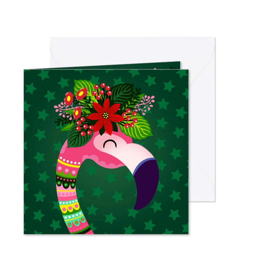 Vrolijke kerstkaart met flamingo, bloemen en planten - Kaartimpressie