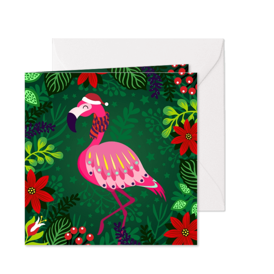 Vrolijke kerstkaart met flamingo met sjaal - Kaartimpressie