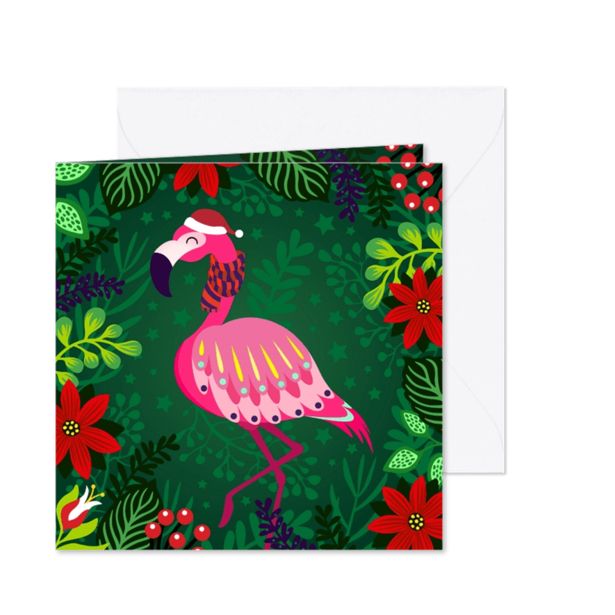 Vrolijke kerstkaart met flamingo met sjaal - Kaartimpressie
