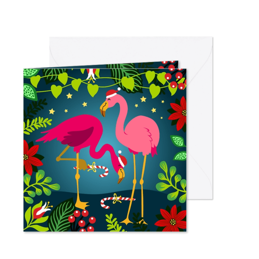 Vrolijke kerstkaart met flamingo's - Kaartimpressie
