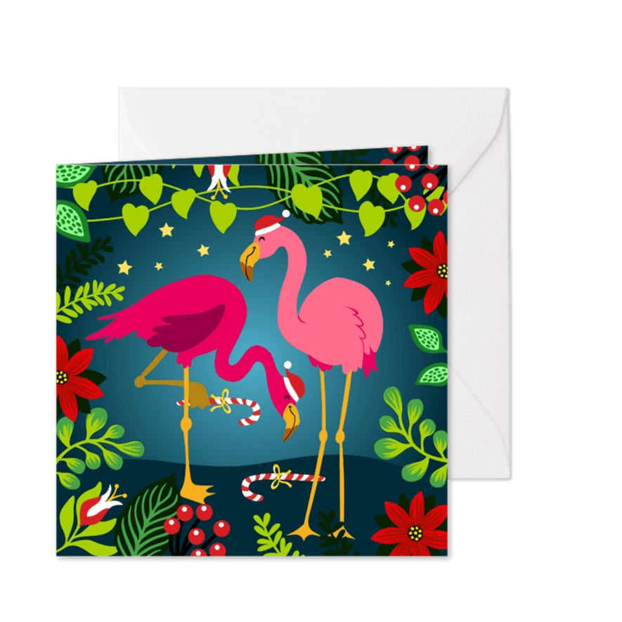 Vrolijke kerstkaart met flamingo's - Kaartimpressie