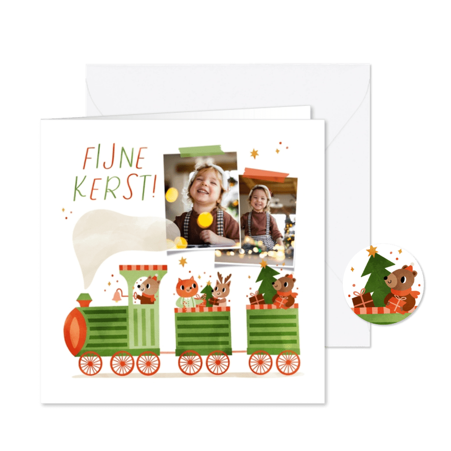 Vrolijke kerstkaart met fotos en een trein vol dieren - Kaartimpressie