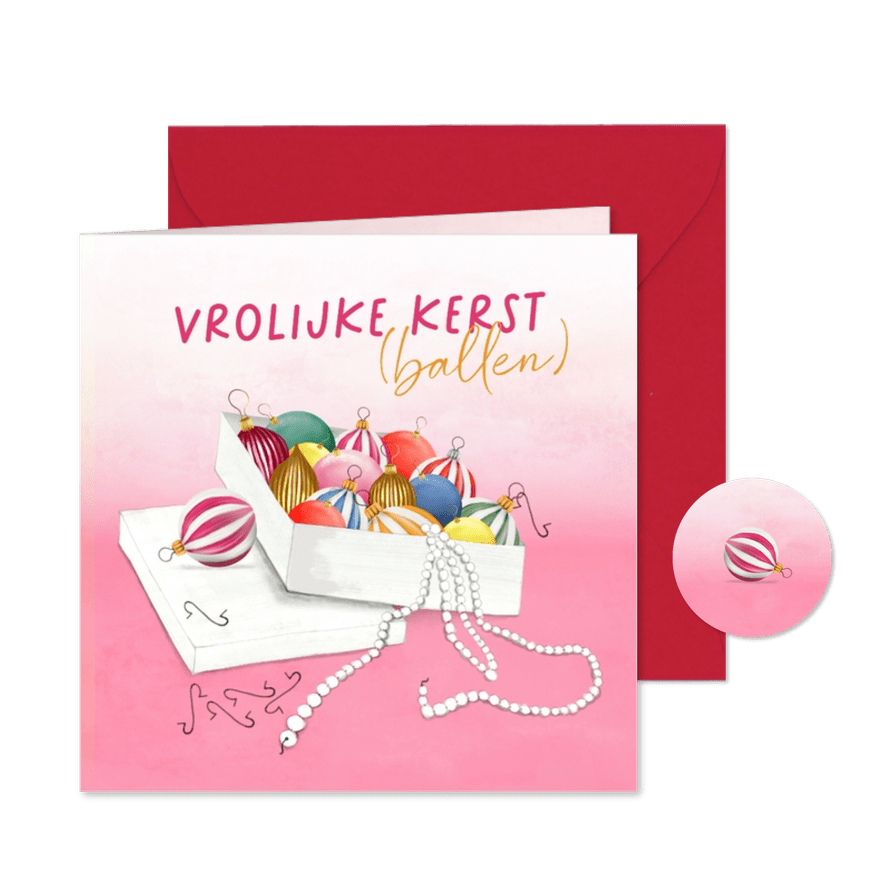 Vrolijke kerstkaart met gekleurde kerstballen - Kaartimpressie