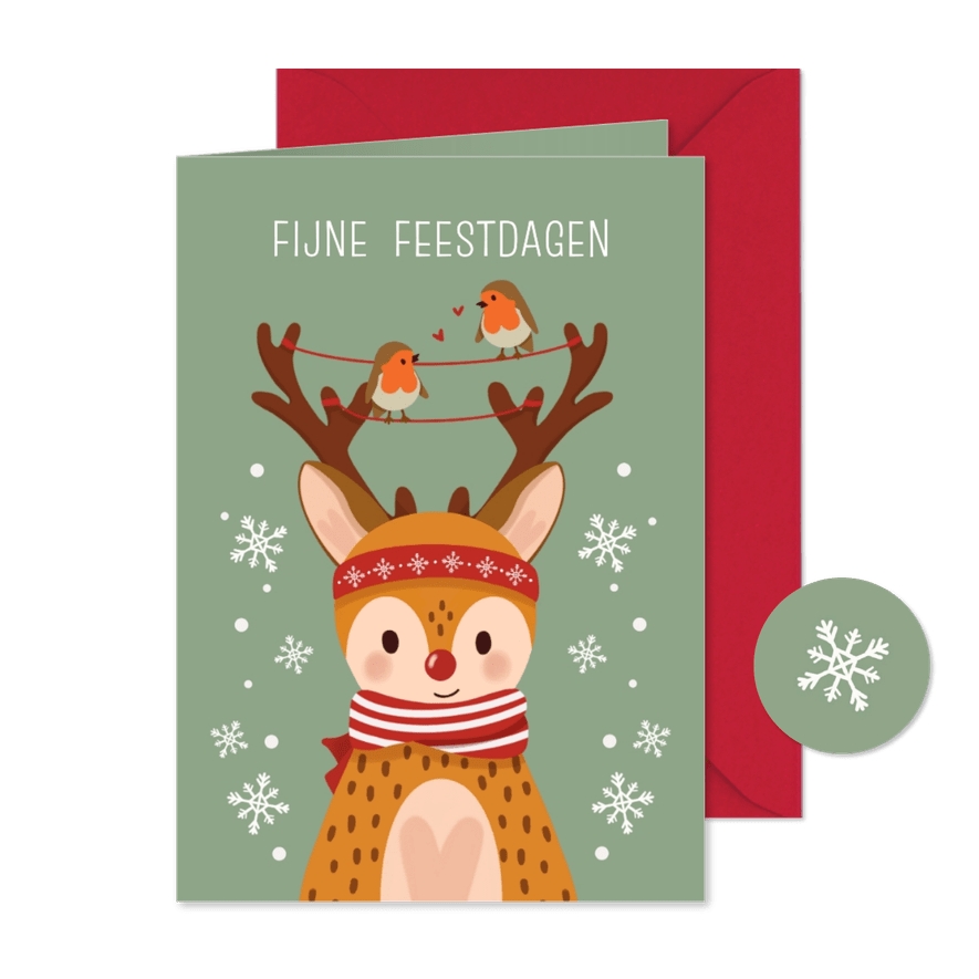 Vrolijke kerstkaart met hert, roodborstjes en sneeuwvlokken - Kaartimpressie