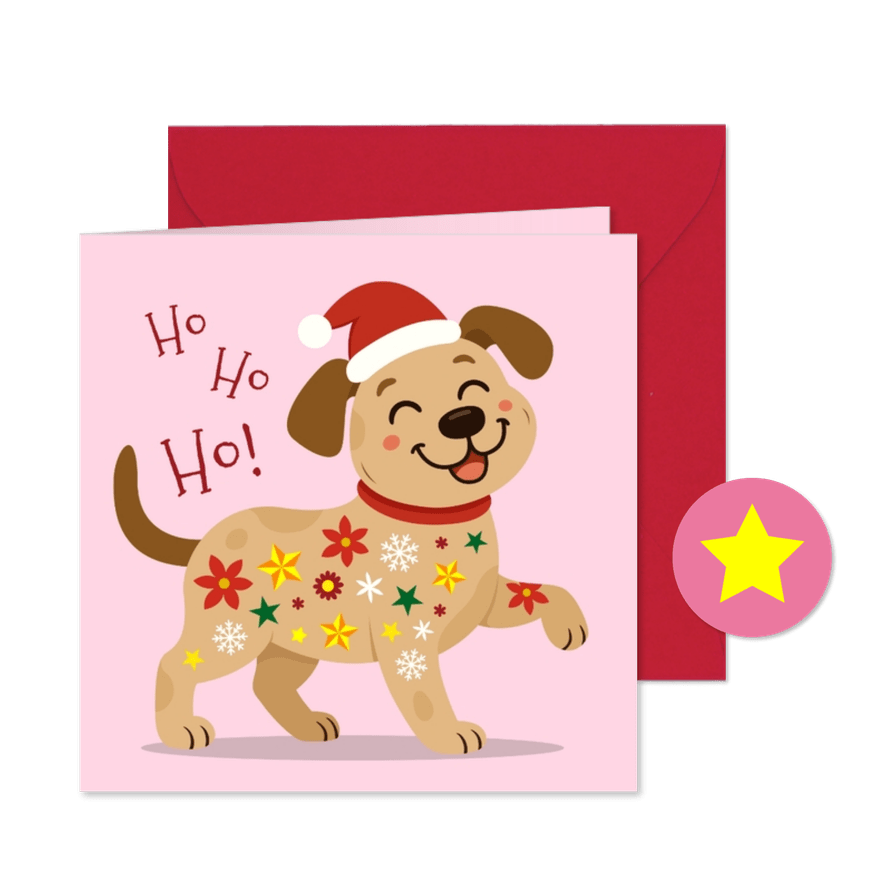 Vrolijke kerstkaart met hond en kerst items - Kaartimpressie